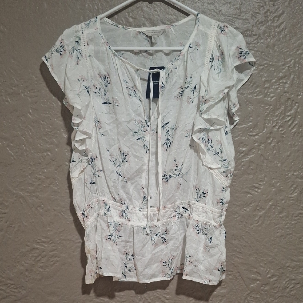 NEW Lucky Brand wome's Cream Flutter Sleeve Peplum Blouse Size L - Picture 2 of 10